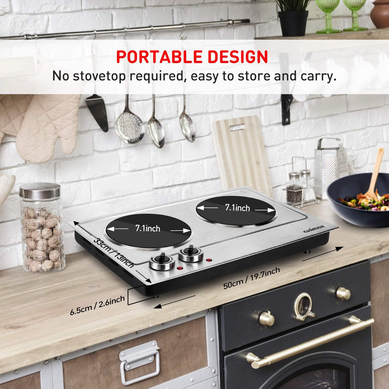 Cusimax Hot Plate, 1800W Ceramic Electric Double Burner for Cooking, Infrared Cooktop, Glass Electric Stove with Adjustable Temperature & Non-Slip Rubber Feet, Stainless Steel Upgraded Version, Compatible w/All Cookware: Kitchen & Dining