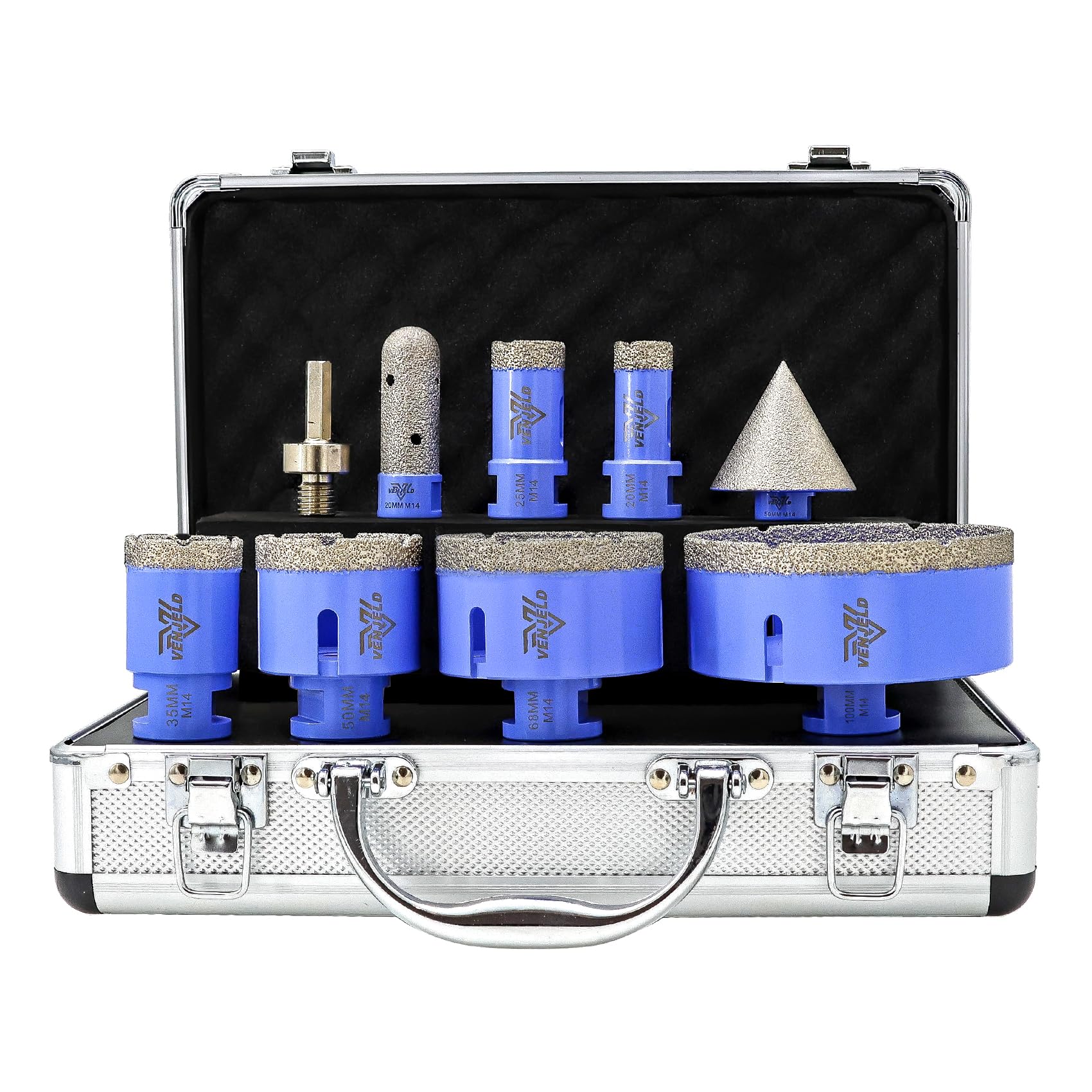 Diamond Drill Bits Set 9Pcs - 20/25/35/50/68/100mm Tile Hole Saw Kit, 20mm Finger Bit, 50mm Beveling Chamfer Bit, Hex Shank Adapter for Porcelain Tile Ceramic Granite Marble Dekton — image 1