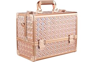 FRENESSA Makeup Case Extra Large Makeup Train Case 12.6 Inch Makeup Box Organizer Profressional Make Up Cases Storage Cosmetic Artist Travel Case with Divider Shoulder Strap Hard Vanity Big Rose Gold