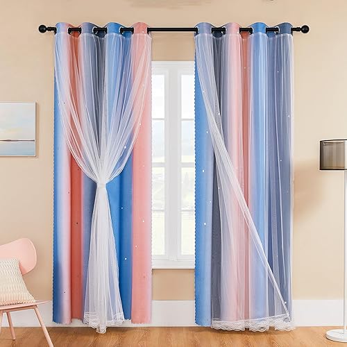 XiDi Kids Curtains 84 Inch Drop with Sheer for Window Treatment Room Darkening Colorful Star Cutout Curtains Noise Reduction Dormitory Decoration 34 Inch Wide Pink Grey Blue,2 Panels