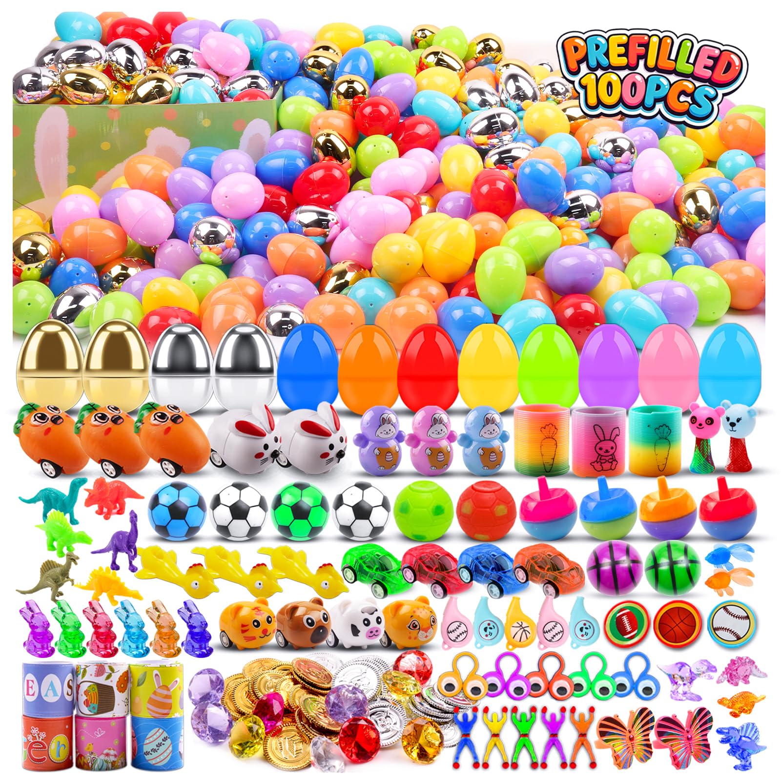 KissFuture 100 PCS Prefilled Easter Eggs with Toys, Easter Eggs Filled for Egg Hunt, Easter Basket Stuffers for Kids, Prefilled Eggs with Toys Inside, Easter Classroom Prize