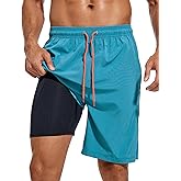 difficort Mens Swim Trunks Quick Dry Bathing Suit 9 inch Inseam Board Shorts with Compression Liner and Zipper Pocket