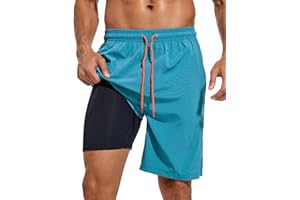difficort Mens Swim Trunks Quick Dry Bathing Suit 9 inch Inseam Board Shorts with Compression Liner and Zipper Pocket