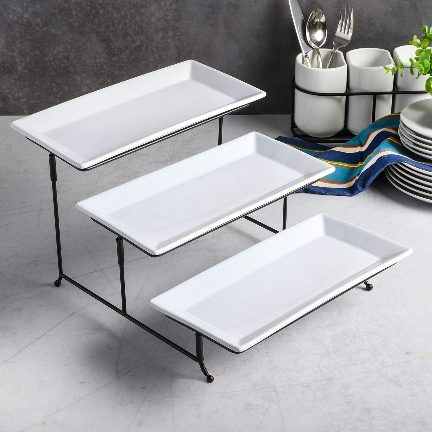 Gibson Elite Gracious Dining Dinnerware, 3-Tier Rectangle Plate Set with Metal Stand, White: Kitchen & Dining