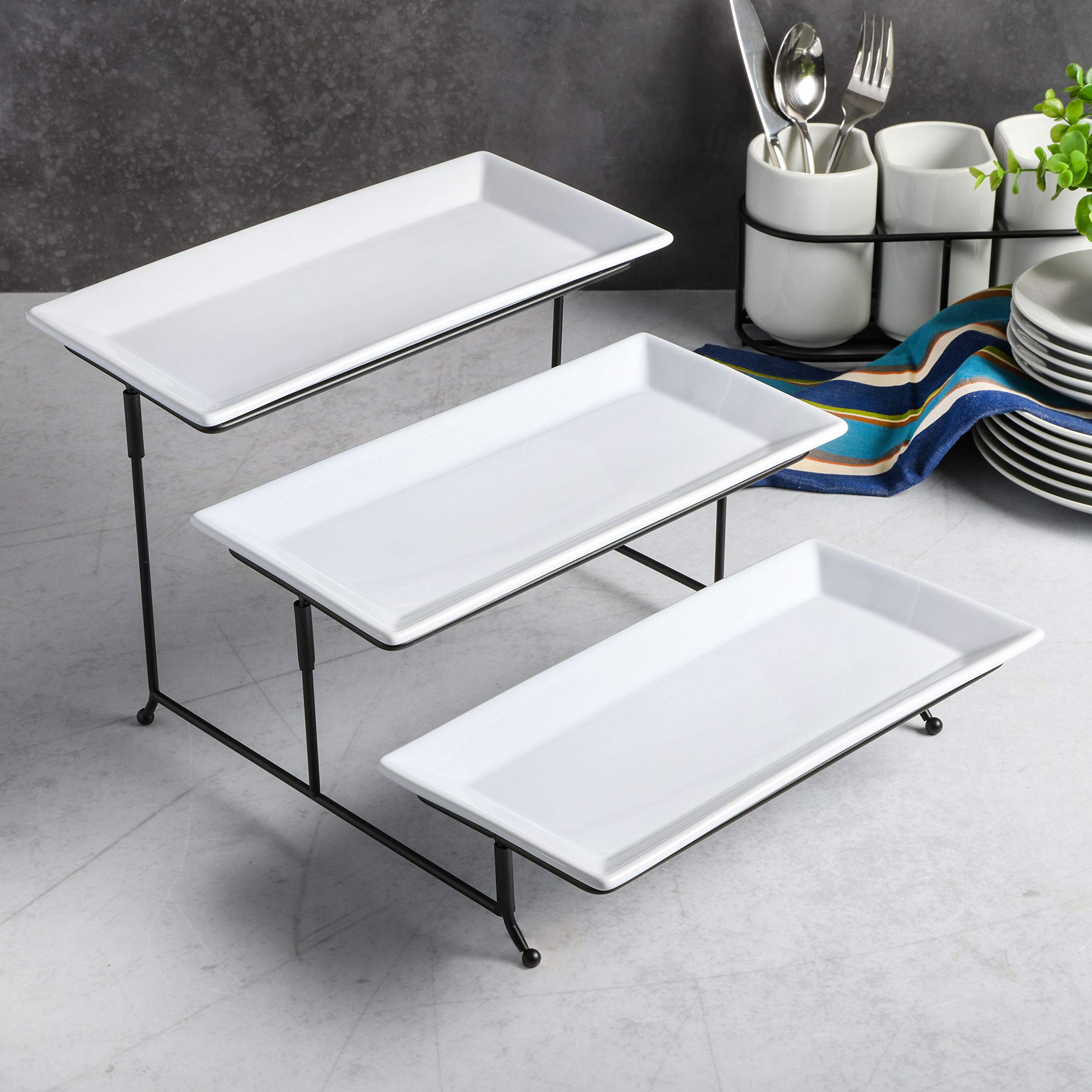 Gibson Elite Gracious Dining 3-Tier Serving Display Stand, Rectangular White Porcelain Plates, Tiered Serving Display - Elegant Food Presentation Display for Parties, Catering, Entertaining Events