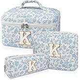 Junesters Initial Makeup Bag Set, Personalized Quilted Makeup Bag, Large Floral Cosmetic Bag for Women, Cute Cotton Custom Make up Bags, Flower Travel Toiletry Bag Teen Girl Gift Blue Flower K