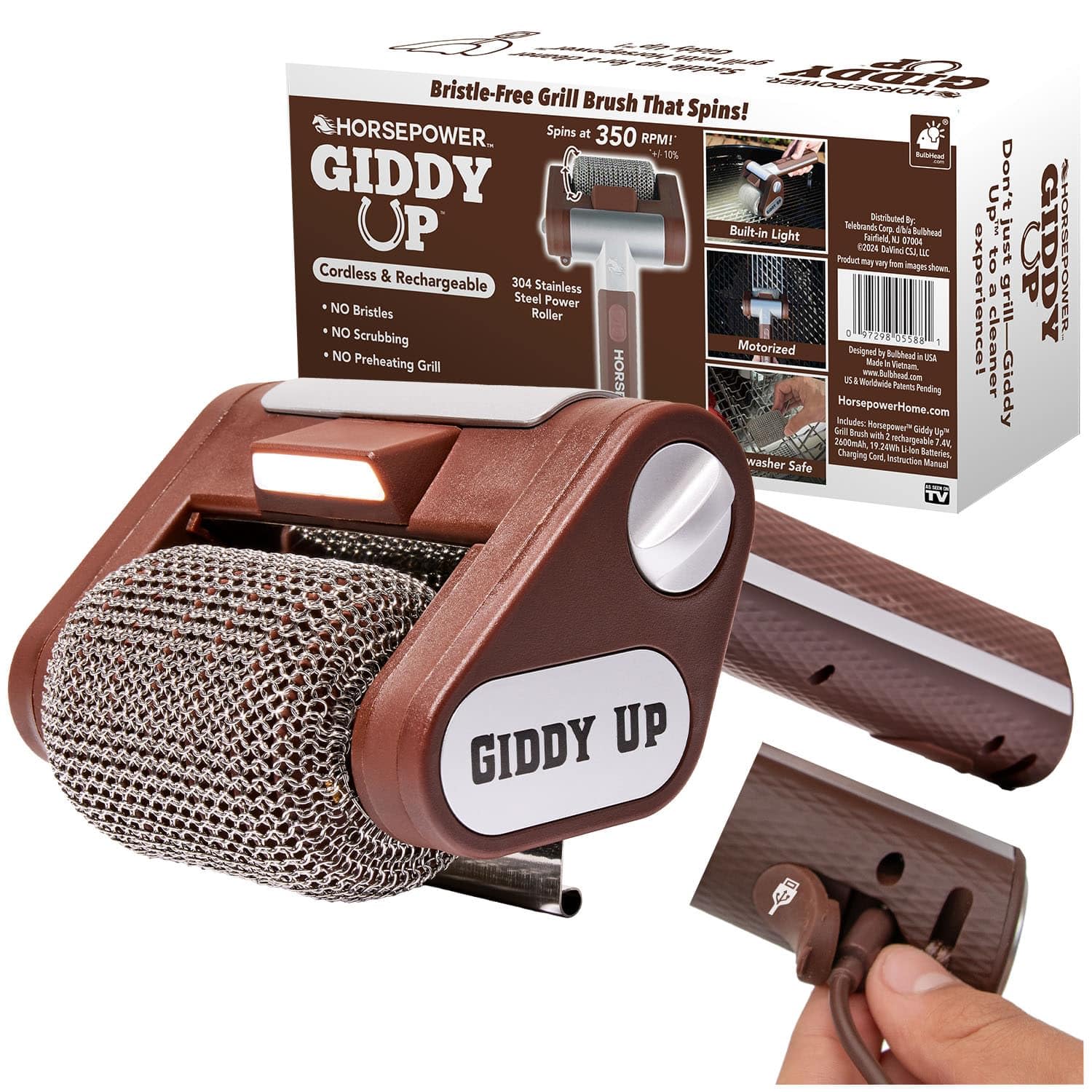 Photo 1 of HorsePower Giddy Up Grill Cleaner AS-SEEN-ON-TV! – Cordless, Rechargeable BBQ Tool with 350 RPM Stainless Roller, LED Light – Patents Pending – From BulbHead, a Family-Owned American Brand