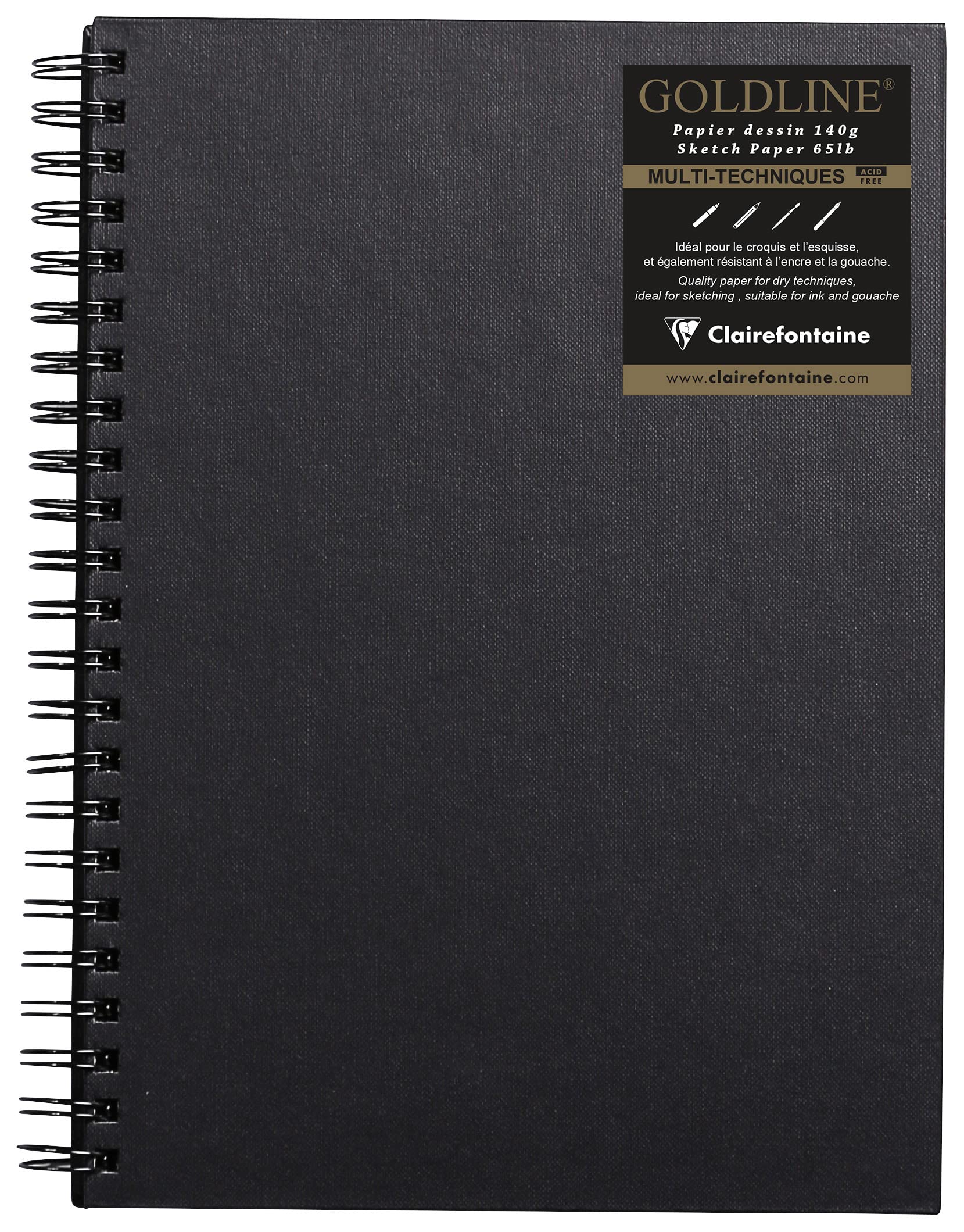 Clairefontaine - Ref 34254C - Goldline Wirebound Pad (64 White Sheets) - A4 Size, 140gsm Paper, Portrait Layout - Black Cover - Suitable for Dry Techniques