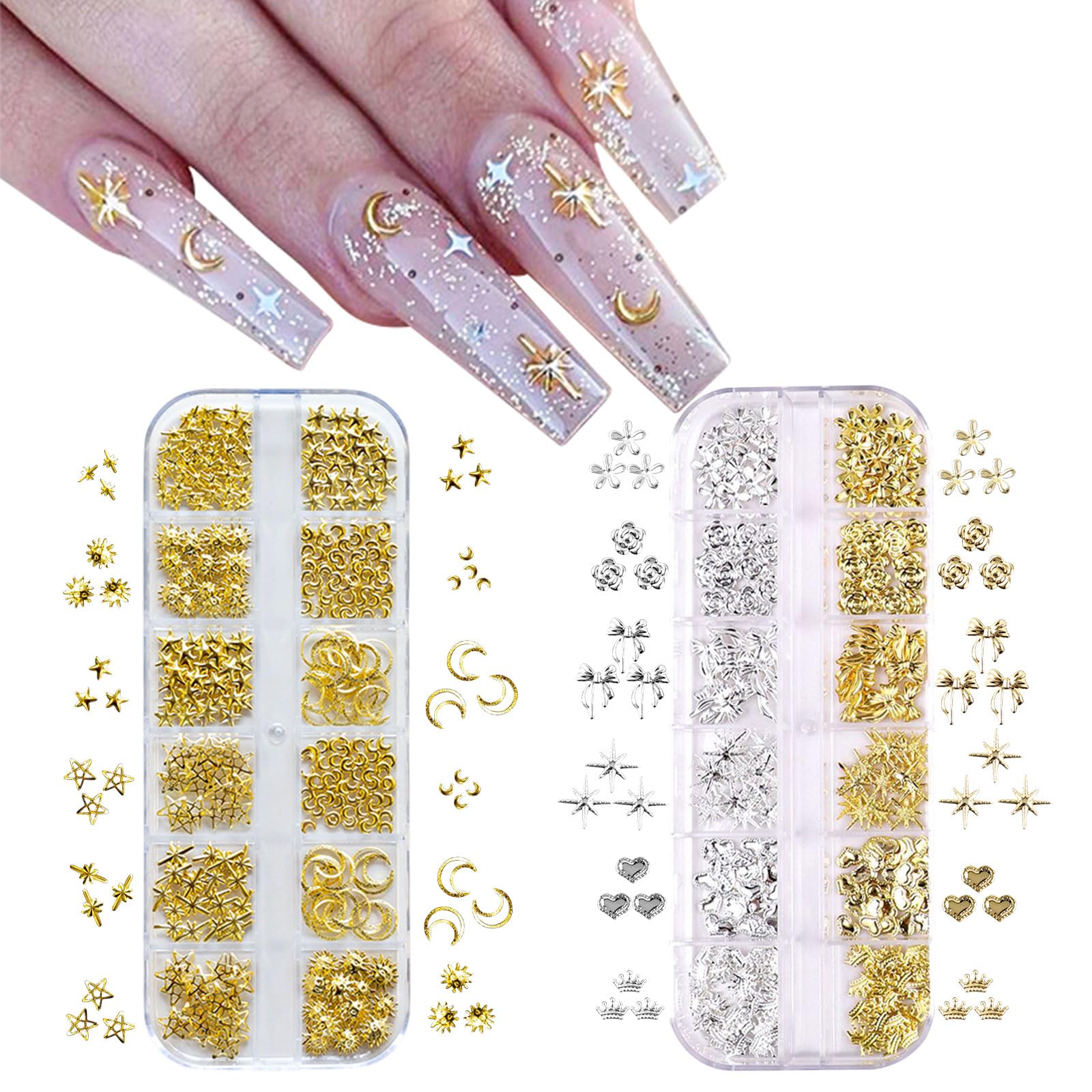 Nail Art Studs, Gold Silver Star Nail Charms 3D Moon Sun Flower Crown Heart Bow Nail Art Charms Nail Studs Punk Metal Rivet Nail Jewels Nail Decorations Accessories (Gold+Silver A)