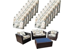 CALBODE 14Pcs Stretch Patio Cushion Cover, Tropical Floral and Leaf Pattern Sofa Covers for Patio Furniture Cushions Washable Reusable Couch Covers Replacement for All Season(Cover Only)