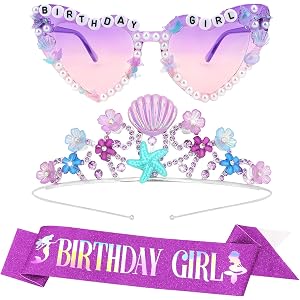 YARIEW Mermaid Birthday Decorations Set Birthday Crown Sash and Glasses | Ocean Theme Shell Starfish Rhinestone Headband for