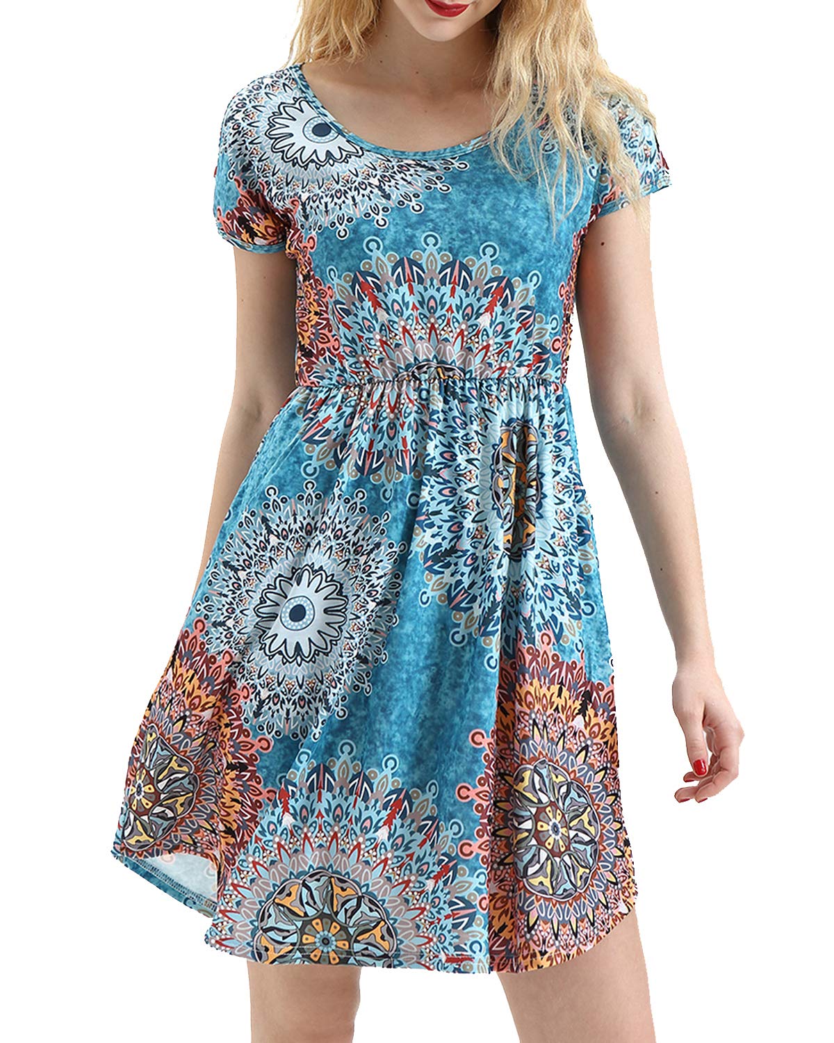 HUALAIMEI Modest Dresses for Women, Ladies Round Neck Short Sleeve Petite Midi Dress Slim Fit Floral Printed Long Tunic with Pockets Mix Blue Flower M