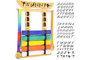 Tilhumt 8 Belt Karate Belt Display Rack with Medal Hanger and Stickers, Taekwondo Belt Display Holder, Martial Arts Belt Display Organizer for Kids and Adults, No Assembly Required (Bamboo/Acrylic)