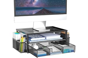 MINDEPOT 2 Tier Computer Monitor Stands with Drawer and 2 Pencil Holder, Metal Monitor Stand, Office Desk Accessories Workspace Desktop Organizers for Office Supplies, Black