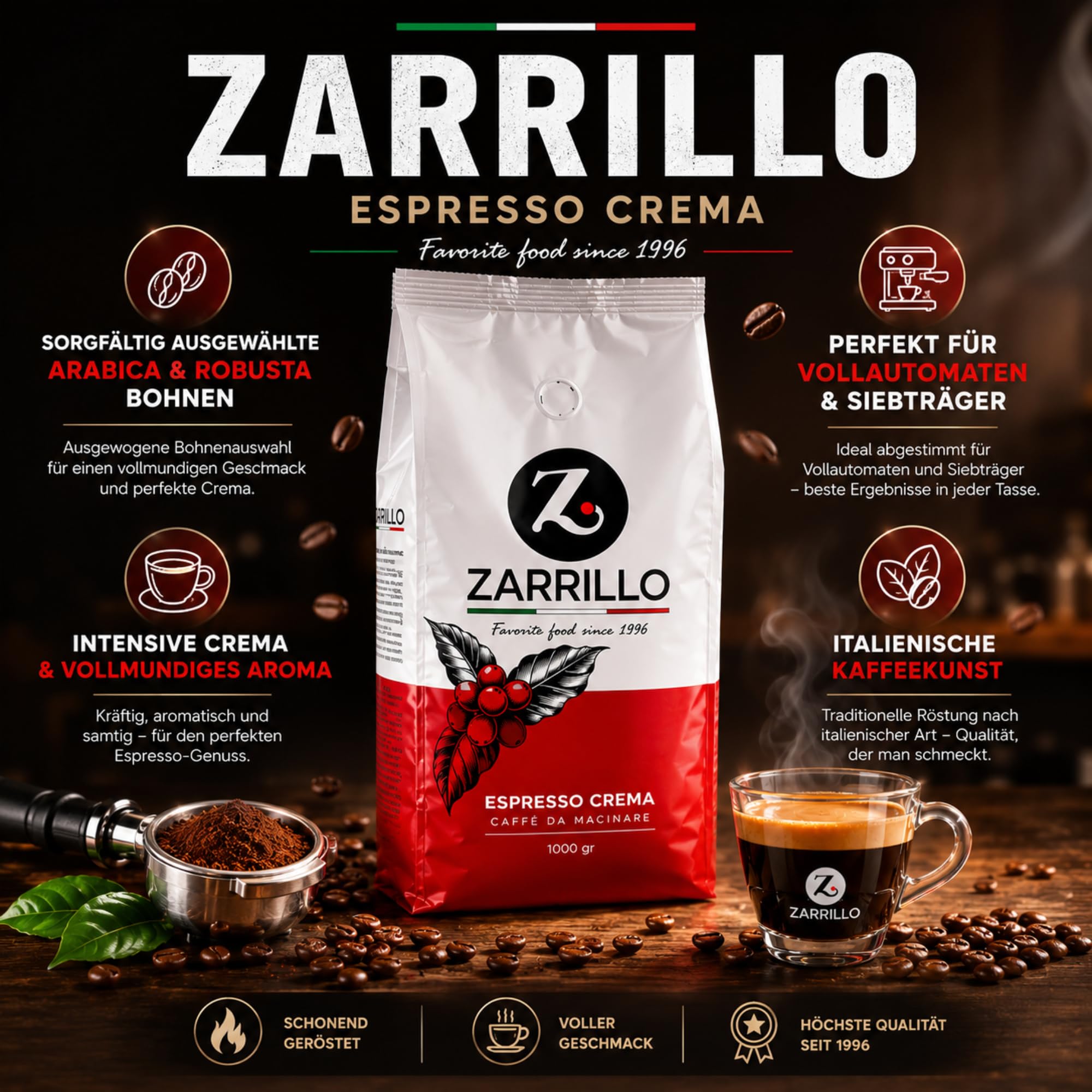 ZARRILLO Italienische Espresso Kaffeebohnen, Arabica und Robusta, für Vollautomaten & Siebträgermaschinen, Kräftige Crema, Mittlere Röstung (1 kg (1er Pack)) 7