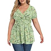 TIANZHU Women's Plus Size Dressy Tops Wrap Shirt Short Sleeve Tunic Top V Neck Low Cut Cute Blouse