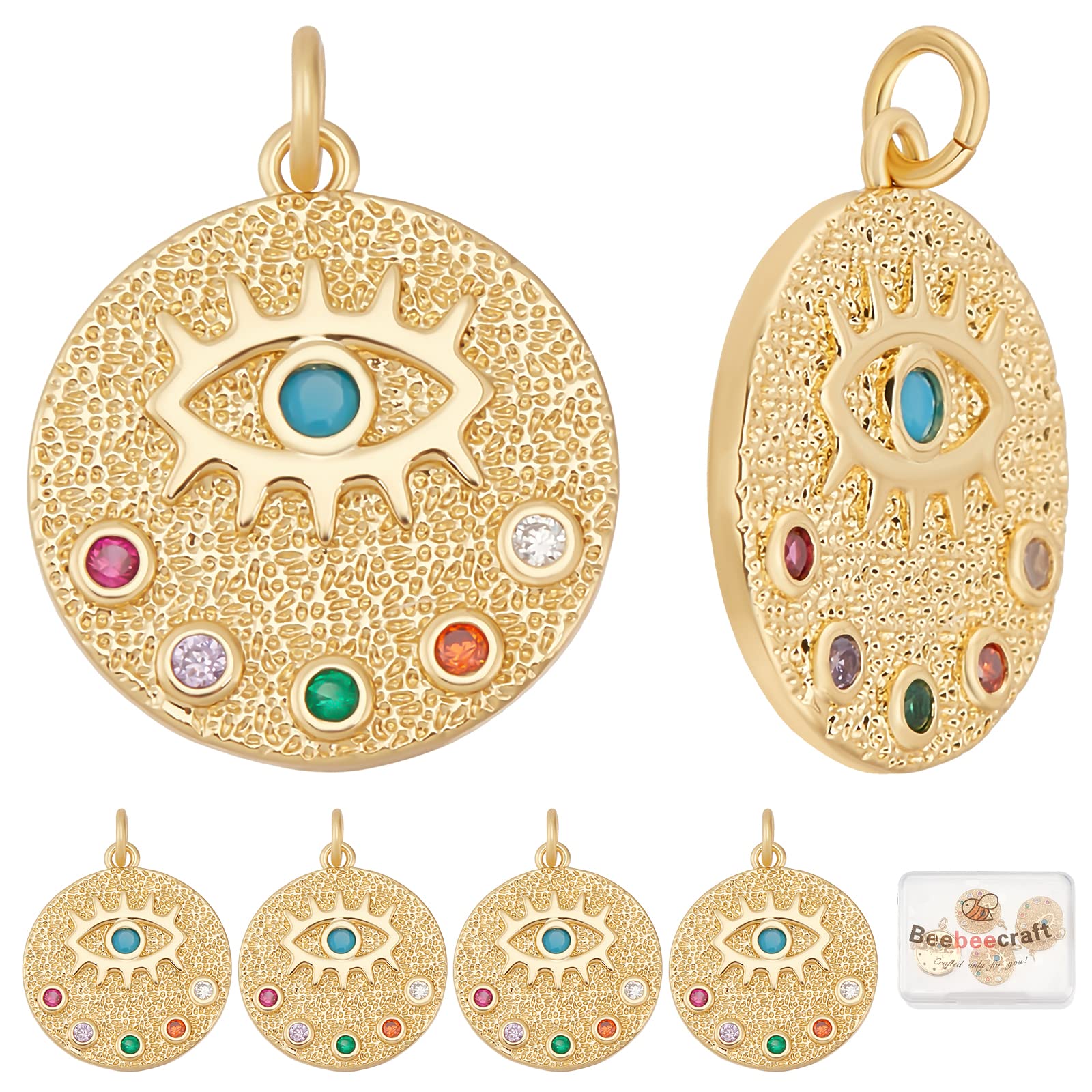 Beebeecraft 6Pcs/Box 18K Gold Plated Evil Eye Charms Colorful Cubic Zirconia Flat Round with Eye Pendant Charms with Jump Ring for DIY Jewelry Making — image 1