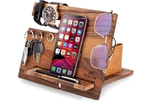 TESLYAR Gifts for Men Natural Walnut Wood Phone Docking Station Hooks Watch Organizer Men Husband Anniversary Birthday Nightstand Purse Father Graduation Male Idea Gadgets Solid