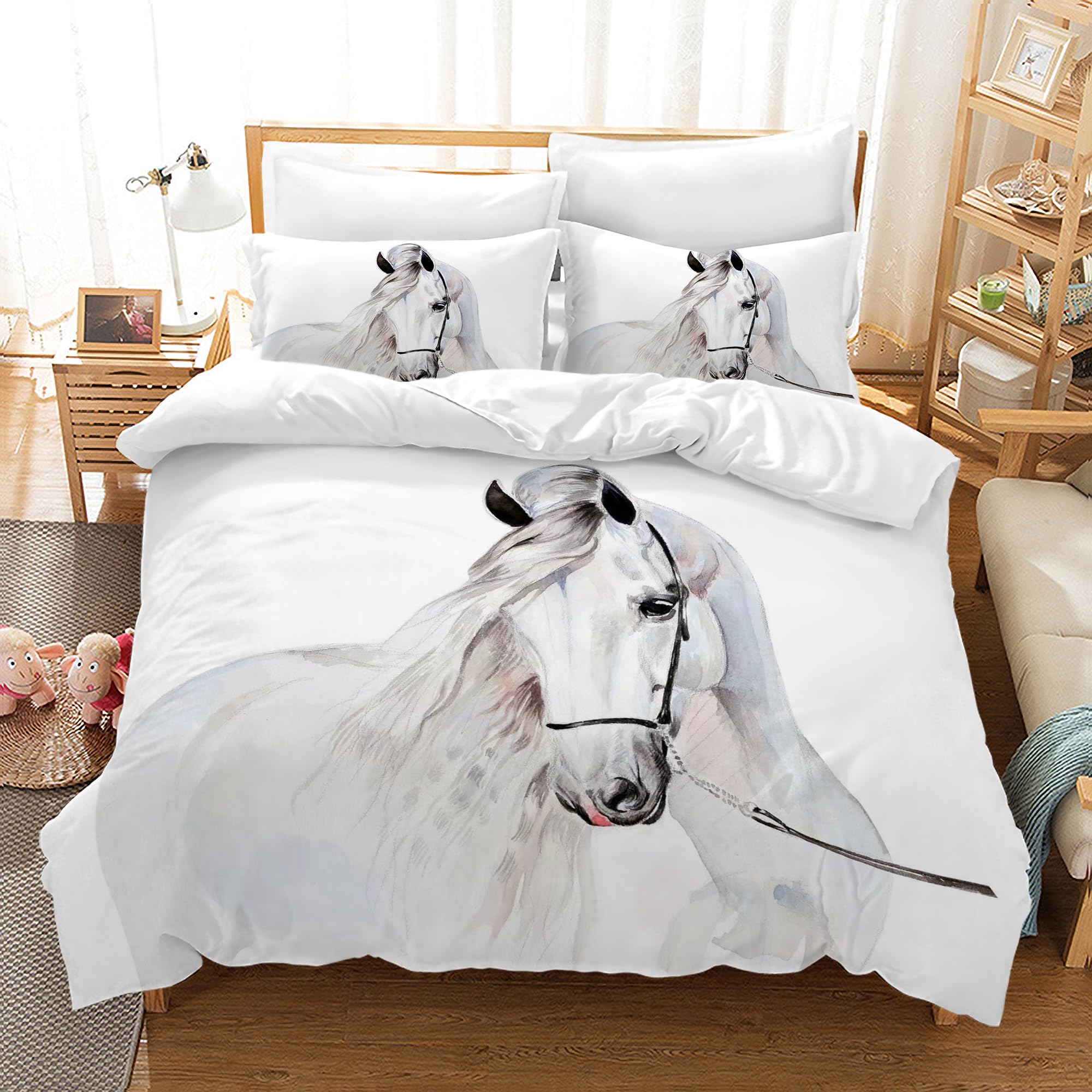 UGZDEA Horse Bed Linen Set 200x200cm- White Bed Linen 3-Piece Set Bed Linen for Adults Bedroom Decor (Double（200x200cm）, A)