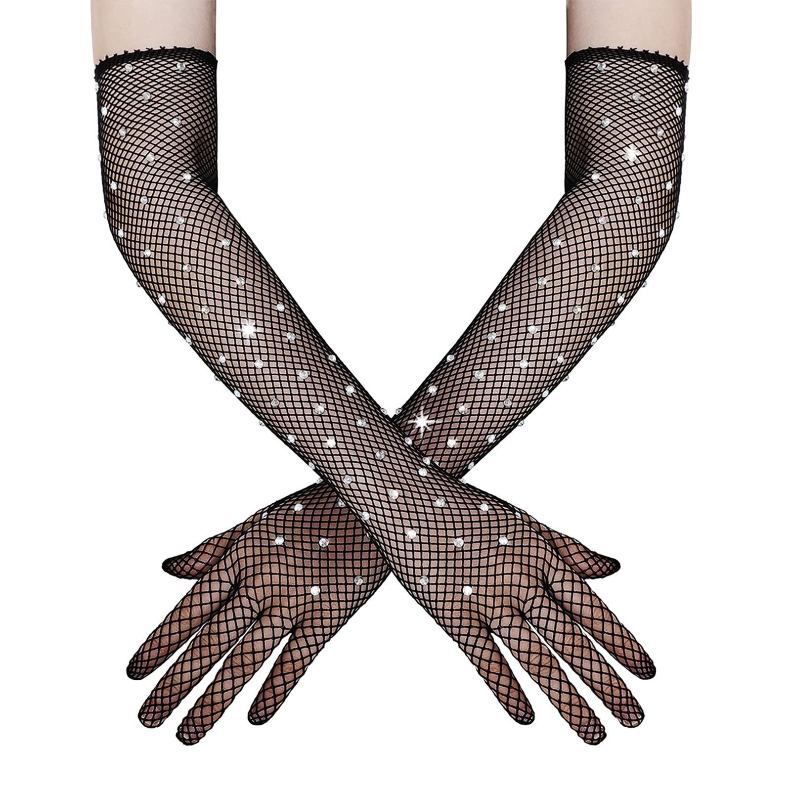 YJZQ Long Fishnet Gloves for Women Girls Vintage Stretchy Arm Warmers Gloves Sparkled Flirting Gloves Festival Cosplay Party Props Fancy Dress Halloween Costume Accessory