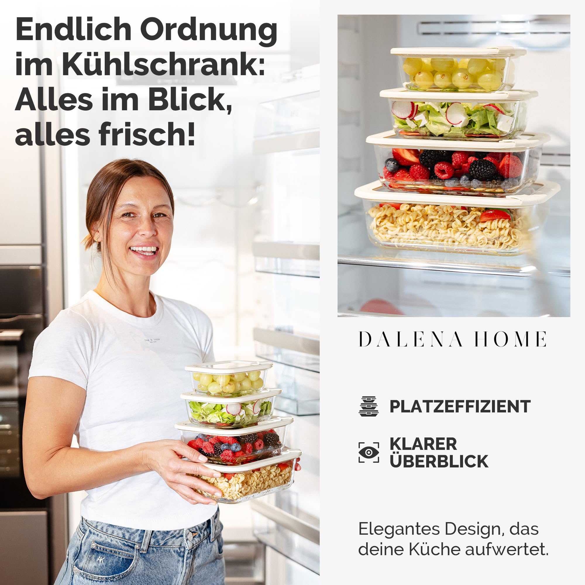 Dalena Home Frischhaltedosen Set 1x370ml, 1x640ml, 1x1020ml, 1x1520ml – Borosilikatglas, Glasbehälter luftdicht & mikrowellengeeignet, Meal Prep, Kühlschrank Organizer, Aufbewahrung Küche 6