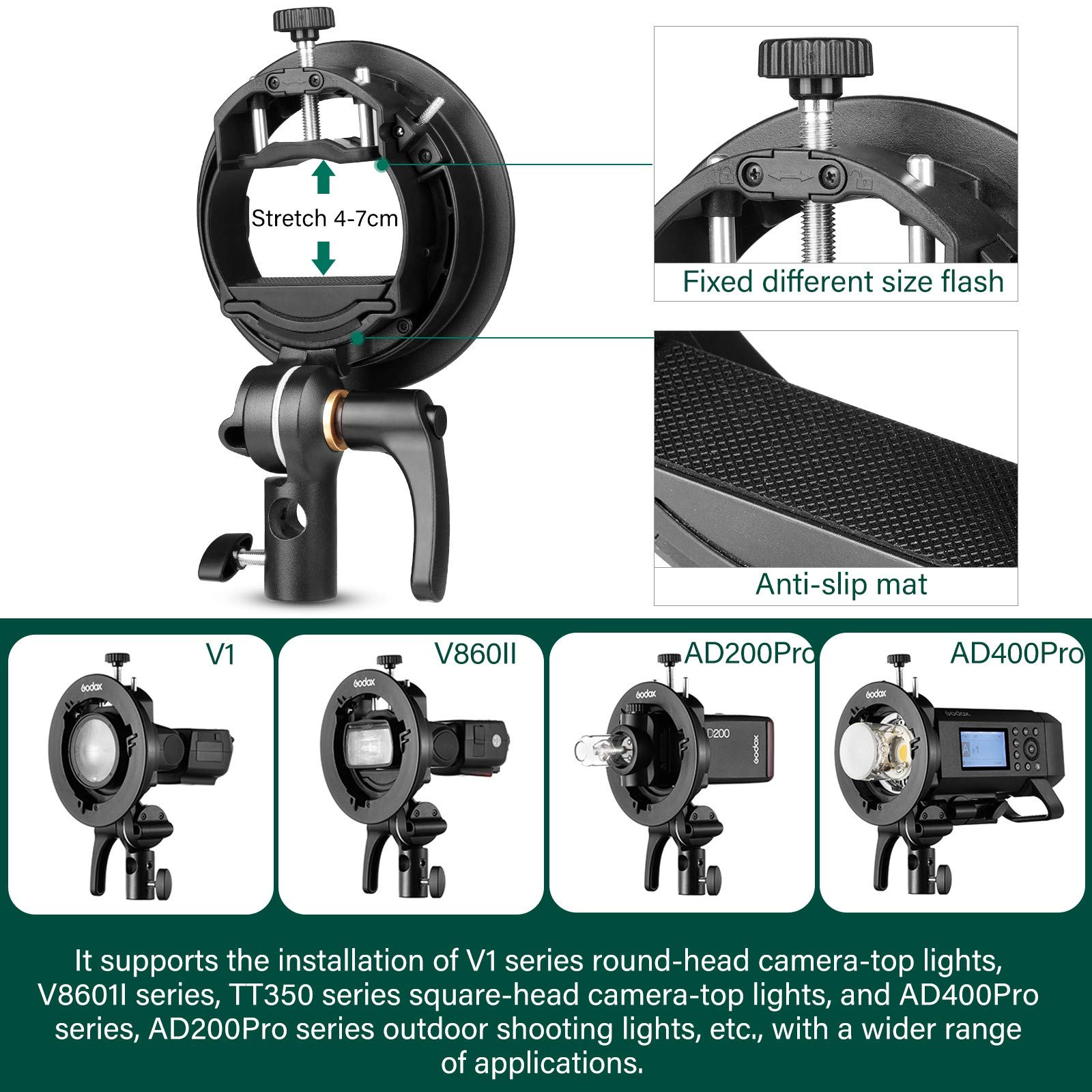 GODOX S2 Speedlite Bracket Bowens Mount Holder + Cold Shoe Flash Mount for Godox V1 Series, AD200Pro, AD200, AD400Pro, V860II Series, TT350 TT685 TT600 Series Flash
