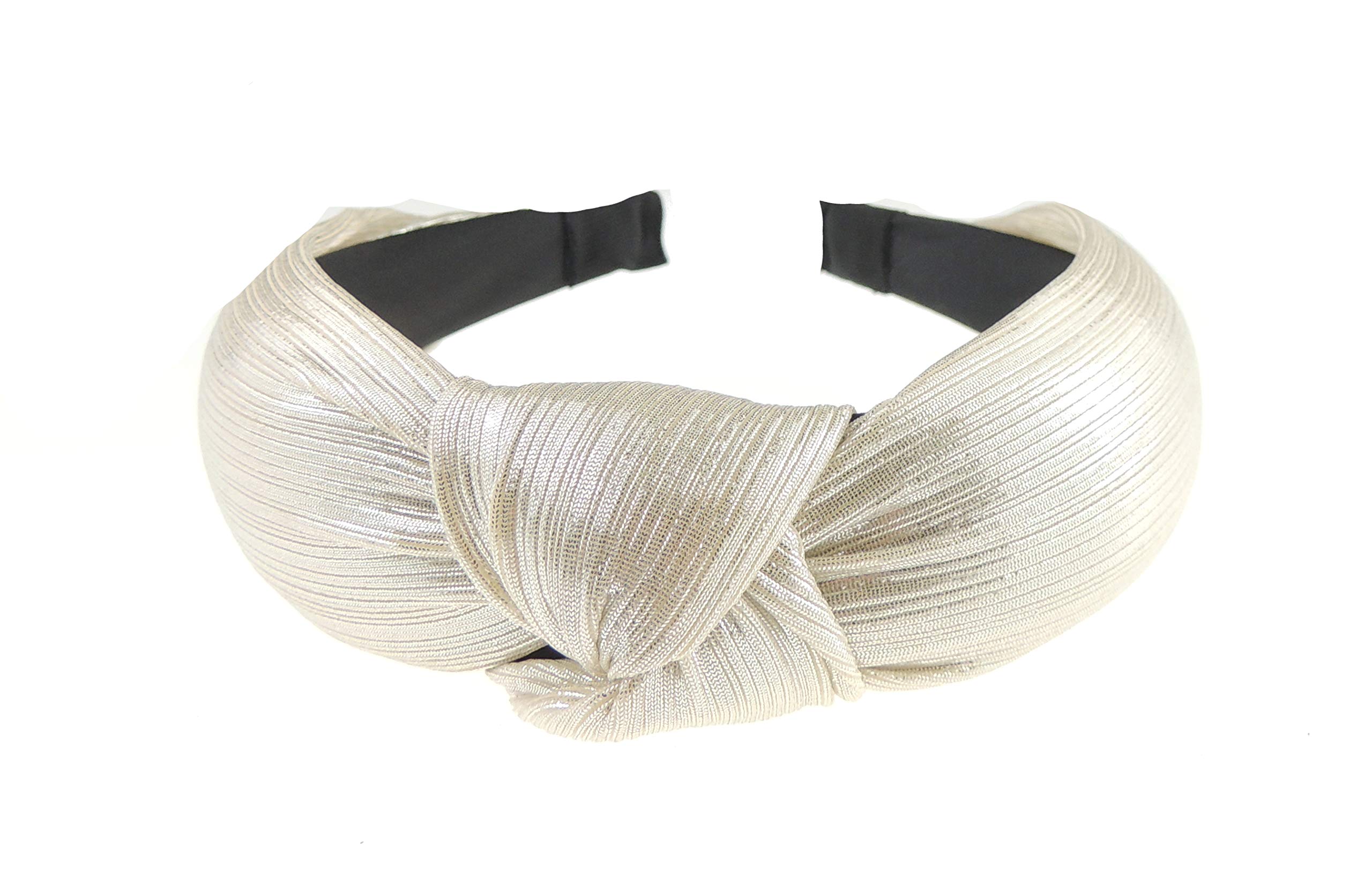 Womens Girls Evening Fancy Metallic Pinstripe Fabric Knot Twist Twisted Turban Wide Thick Formal Fancy Dress Headband Alice Band Hair Accessories Hairband Christmas Wedding Bridesmaid Party Pale Grey