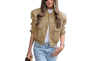 Lumister Women's Fashion Cropped Button Down Lightweight Cropped Bomber Jacket Varsity Shacket with Side Pockets