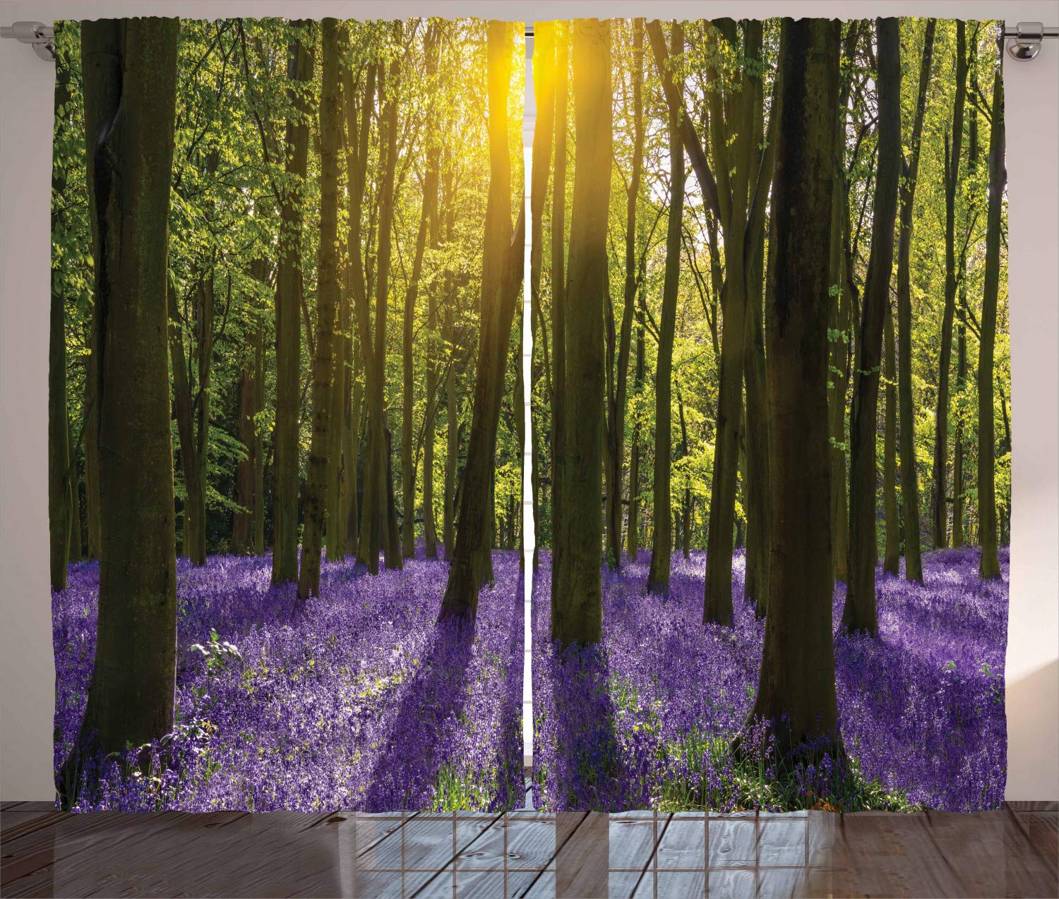 ABAKUHAUS Woodland Curtains, Sunbeams in the Forest of Bluebells Blooms Deep in Woodland Oxfordshire, Living Room Bedroom Window Drapes 2 Panel Set, 280 x 245 cm, Violet Green — image 1