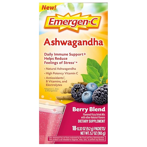EMERGEN-C VITAMIN C ASHWAGANDHA DRINK MIX, DIETARY SUPPLEMENT FOR IMMUNE SUPPORT, BERRY BLEND – 18 COUNT