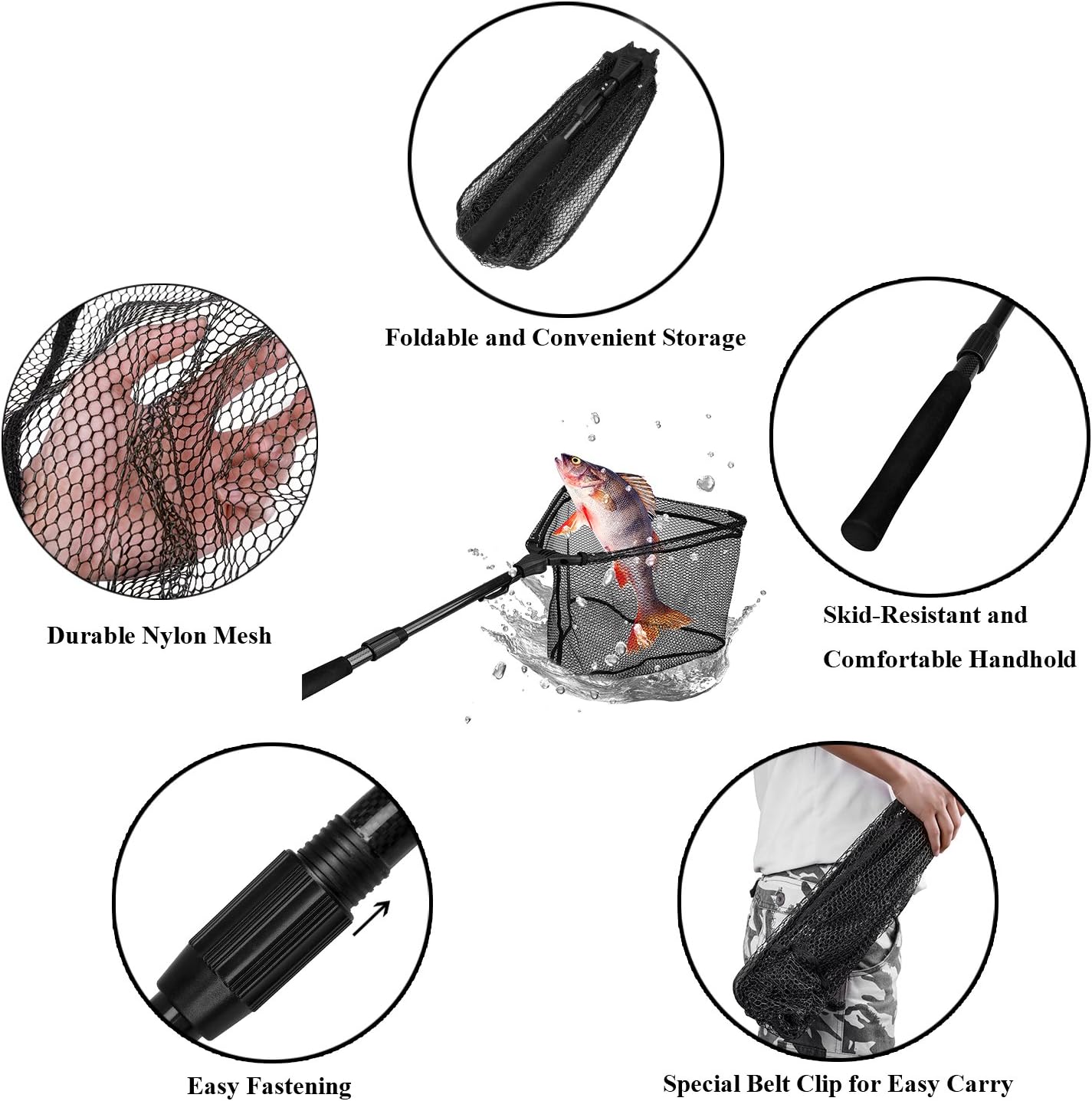 PLUSINNO Fishing Net Fish Landing Net, Foldable Collapsible Telescopic Pole Handle, Durable Nylon Material Mesh, Safe Fish Catching or Releasing (12"/31cm Hoop Size (Fixed Pole)) : Sports & Outdoors