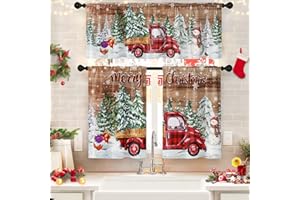 Arttown Christmas Plaid Truck Kitchen Window Curtains and Valances Set 36 Inch, Winter Tree Snowflakes Vintage Short Tier Curtain for Cafe Living Room Bathroom, Xmas Holiday 3 Pieces Set Kitchen Decor