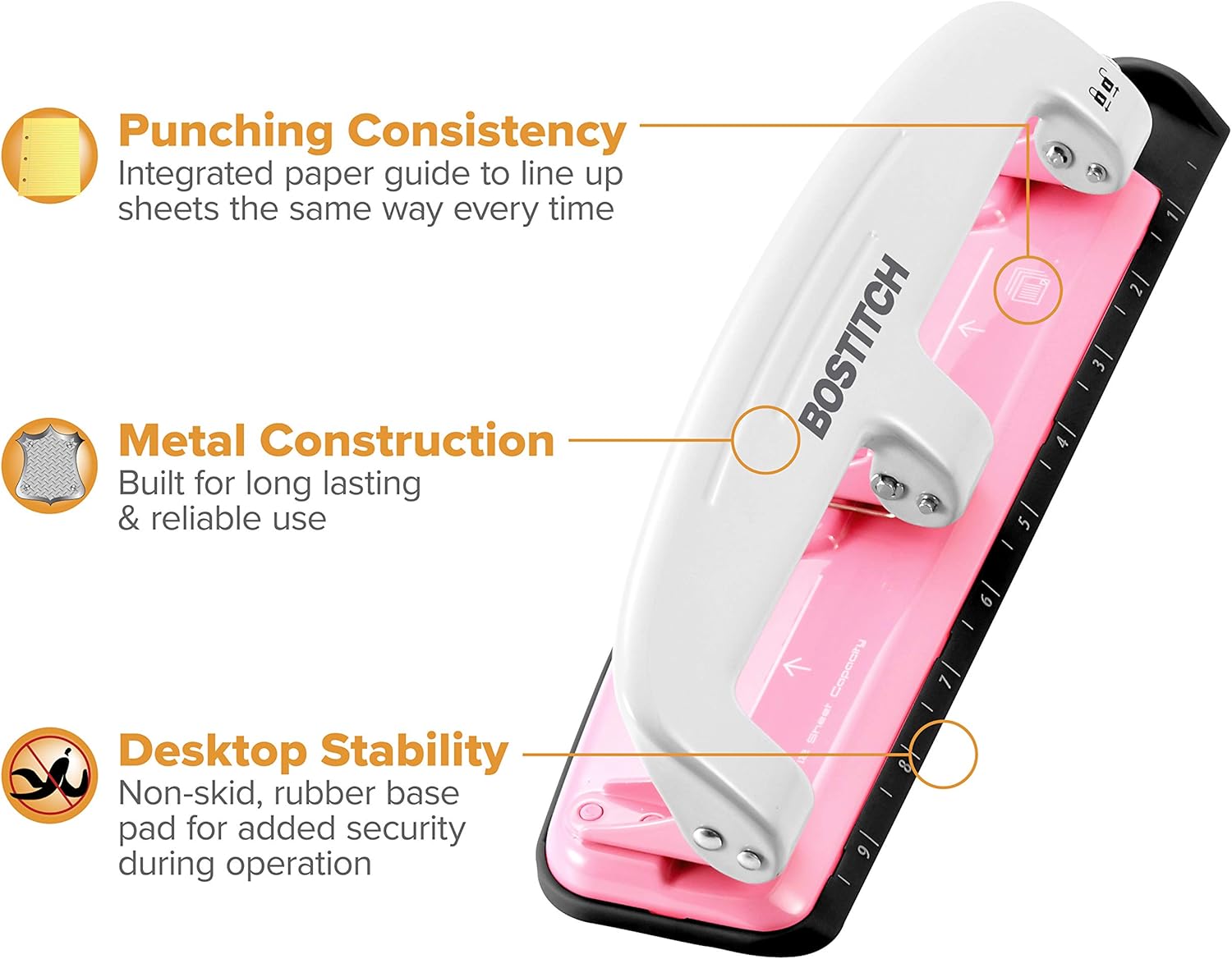 PaperPro inCOURAGE 12 Reduced Effort 3-Hole Punch, 12 Sheets, Pink (2188) : Desk Staplers : Office Products