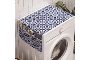 Ambesonne Dutch Washing Machine Organizer, Delft Style Geometric Pattern with Rhombuses and Hexagons Holland Design, Anti-slip Fabric Cover for Washers and Dryers, 47" x 18.5", Navy Blue