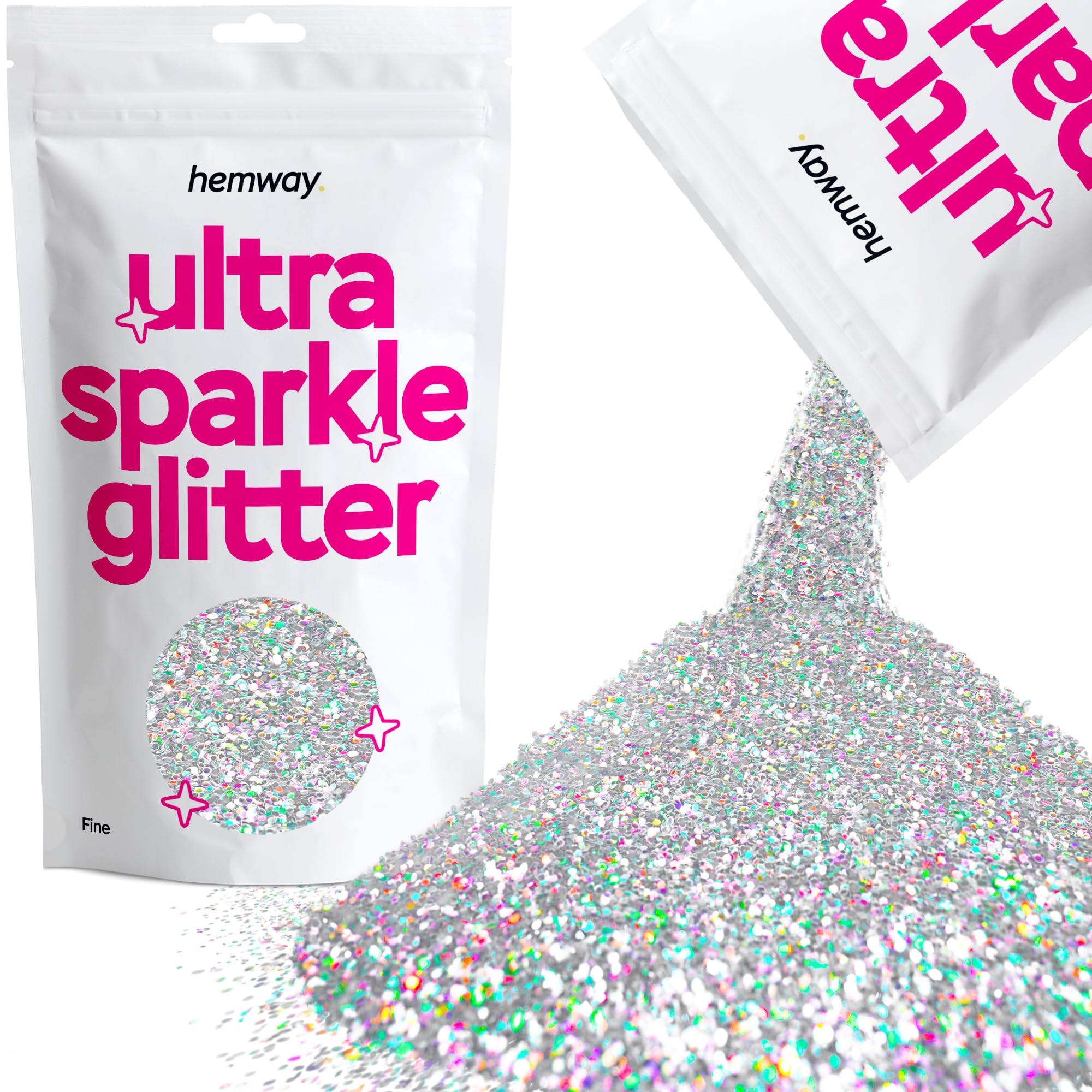 Hemway Ultra Sparkle Glitter Silver Holographic 100g Fine | Glitter for Arts & Craft, Makeup, Nail Art, Crafting, Card Making, Sparkle Decoration