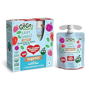 GoGo SqueeZ happy tummieZ, Organic Apple Strawberry Pomegranate Spinach, 3.2 Ounce (4 Pouches), USDA Organic Certified, Fruit and Veggie Pouches with Prebiotic Fiber, Kosher, Vegan