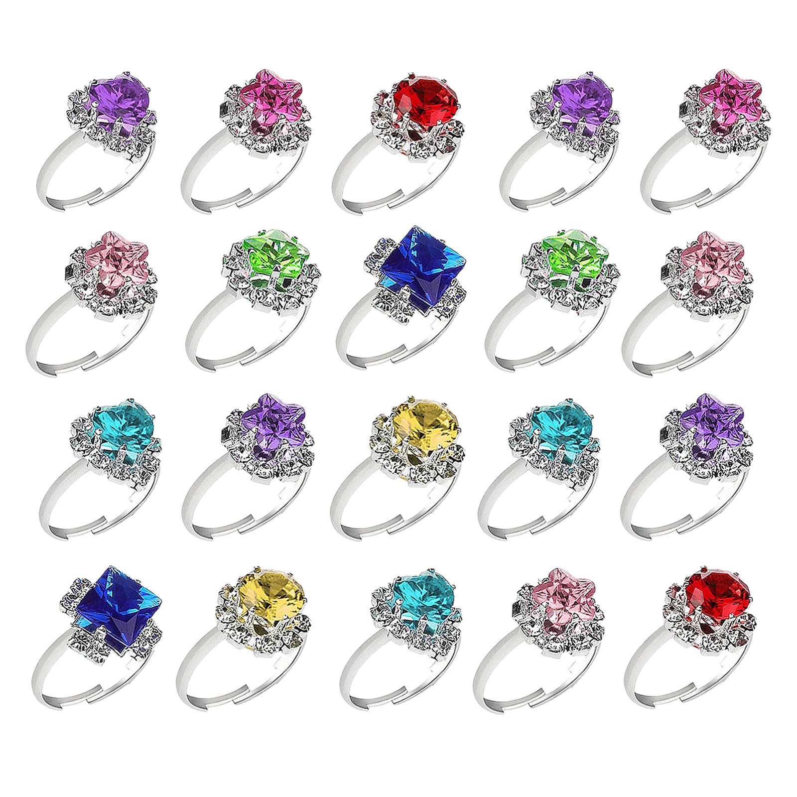 Crystal Adjustable Rings Simulation Diamond Rings Girls Finger Ring Toys for Girl Pretend Play Dress up Party, 20Pcs (Random Color)