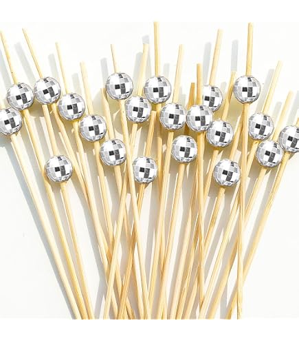 DecorWoo 200 Pcs Disco Ball Cocktail Picks, Decorative Toothpicks For Appetizers, Silver Cocktail Skewers For Appetizers, Wooden Long Cocktail Picks Disco Theme For Party Supplies (4.7 Inch, Silver