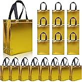 cabzymx 18 Pcs Glossy Yellow Small Gift Bags, Non-woven Reusable Goodie Bags with Sturdy Base, 8x3.9x9.8 In Holiday Gift Bag Bulk for Birthday, Wedding, Easter, Party