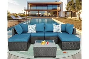BPTD Outdoor Patio Furniture Set Balcony Furniture PE Rattan Wicker Outdoor Sectional with Washable Cushion for Garden, Poolside, Balcony, Backyard (Peacock Blue, w/Table) (Peacock Blue, with Table)