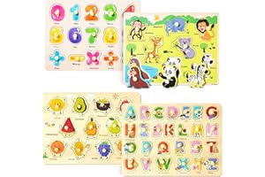 Qohuooi Wooden Peg Puzzle for Toddlers 3 4 Years Old, 4 PCS Montessori Educational Learning Puzzles Set-Numbers, Letters, Ani