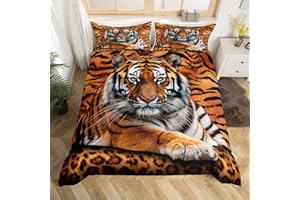 Tiger 3D Print Duvet Cover Set Queen Size Wild Animals Bedding Set 3pcs for Kids Teens Room Decor,Animal Fur Cover Soft Breat