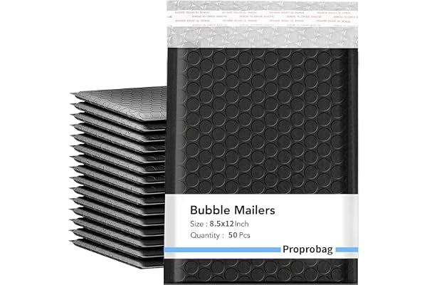 Proprobag 8.5 x 11 Bubble Mailers 50 Pack - Outer Size 9x12 Heavy Duty Black Padded Mailer with Self Seal, Waterproof Shippin