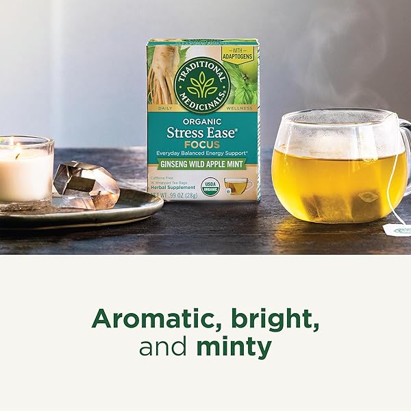 TRADITIONAL MEDICINALS ORGANIC, STRESS EASE FOCUS, GINSENG WILD APPLE MINT TEA – BALANCED ENERGY SUPPORT & ADAPTOGENS – KOSHER, NON-GMO, CAFFEINE-FREE, COMPOSTABLE – 16 TEA BAGS
