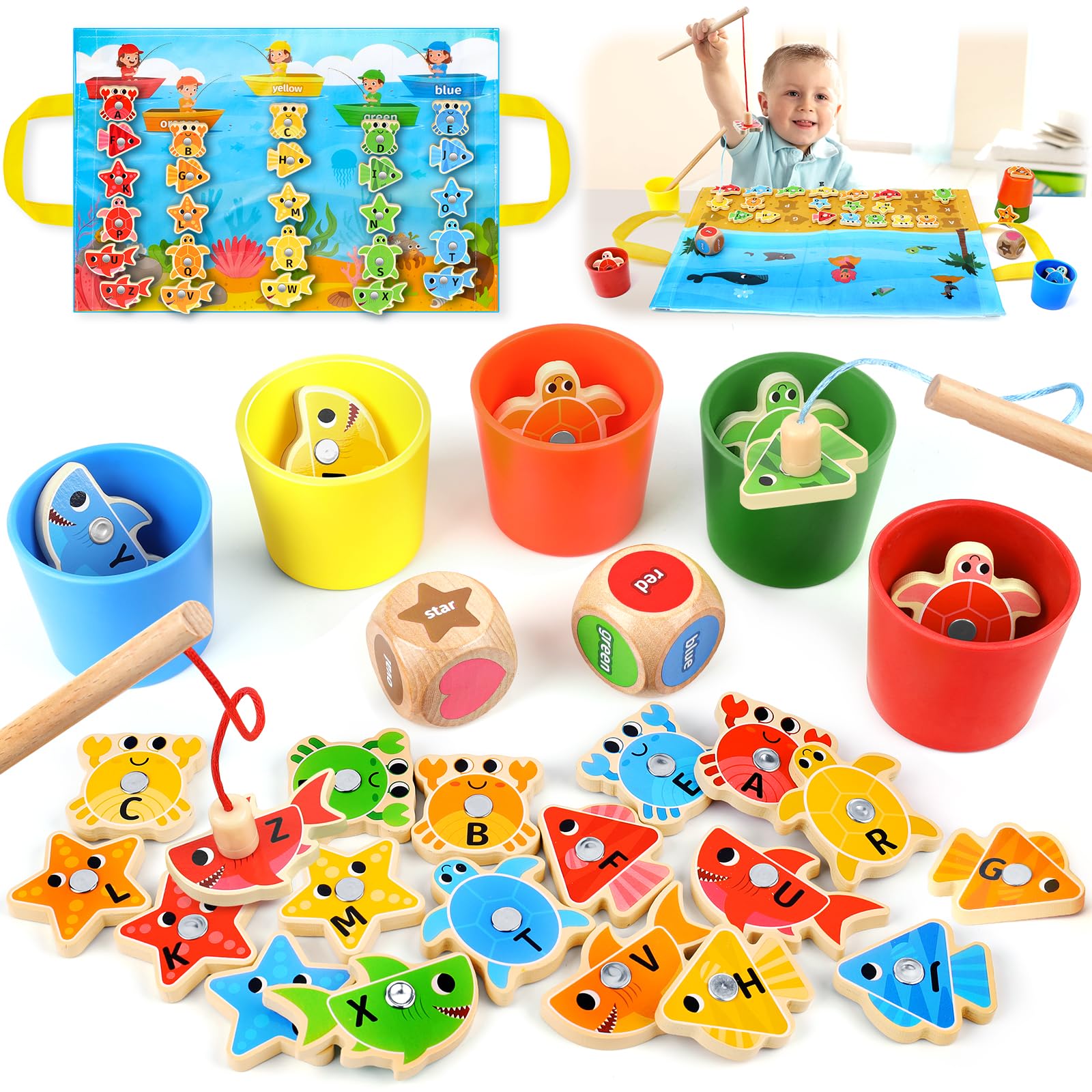 ZippyZoom Wooden Toddler Toys Fishing Game: Montessori Sensory Toys for 1 2 3 Year Old Boys Girls - Birthday Baby Gifts for 1 2 3 Year Olds - Color Sorting Shape Learning for Kids