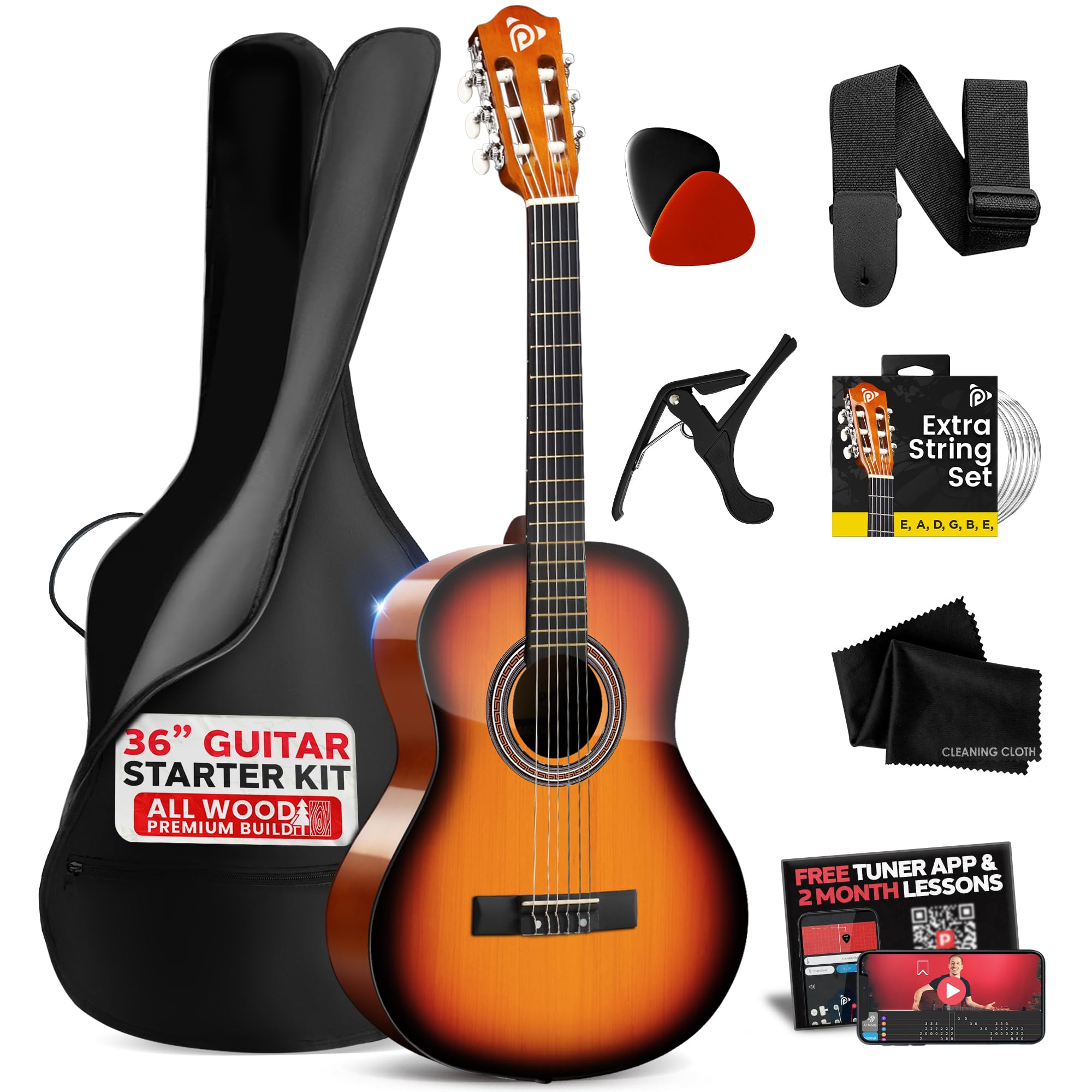 Photo 1 of ***NO ACCESSORIES JUST GUITAR***Pyle Beginner Acoustic Guitar Kit, 3/4 Junior Size All Wood Build Nylon Stringed Instrument with Strap, Extra String Set, Gig Bag, Guitars for Beginners Adults Youth, 36" Sunburst Gloss