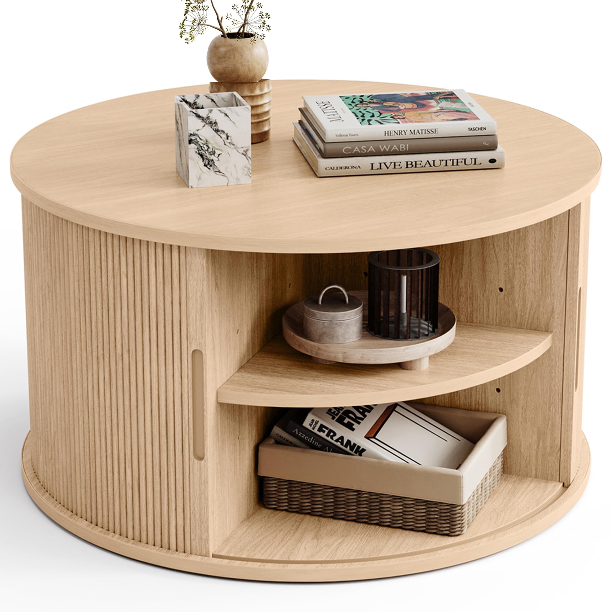 Photo 1 of ***I don't know if they are missing parts*** LINSY HOME Round Coffee Table, 31.5" Drum Coffee Table with Sliding Tambour Door, Fluted Accent Center Table with Storage, Mid Century Modern Coffee Table for Living Room, Oak