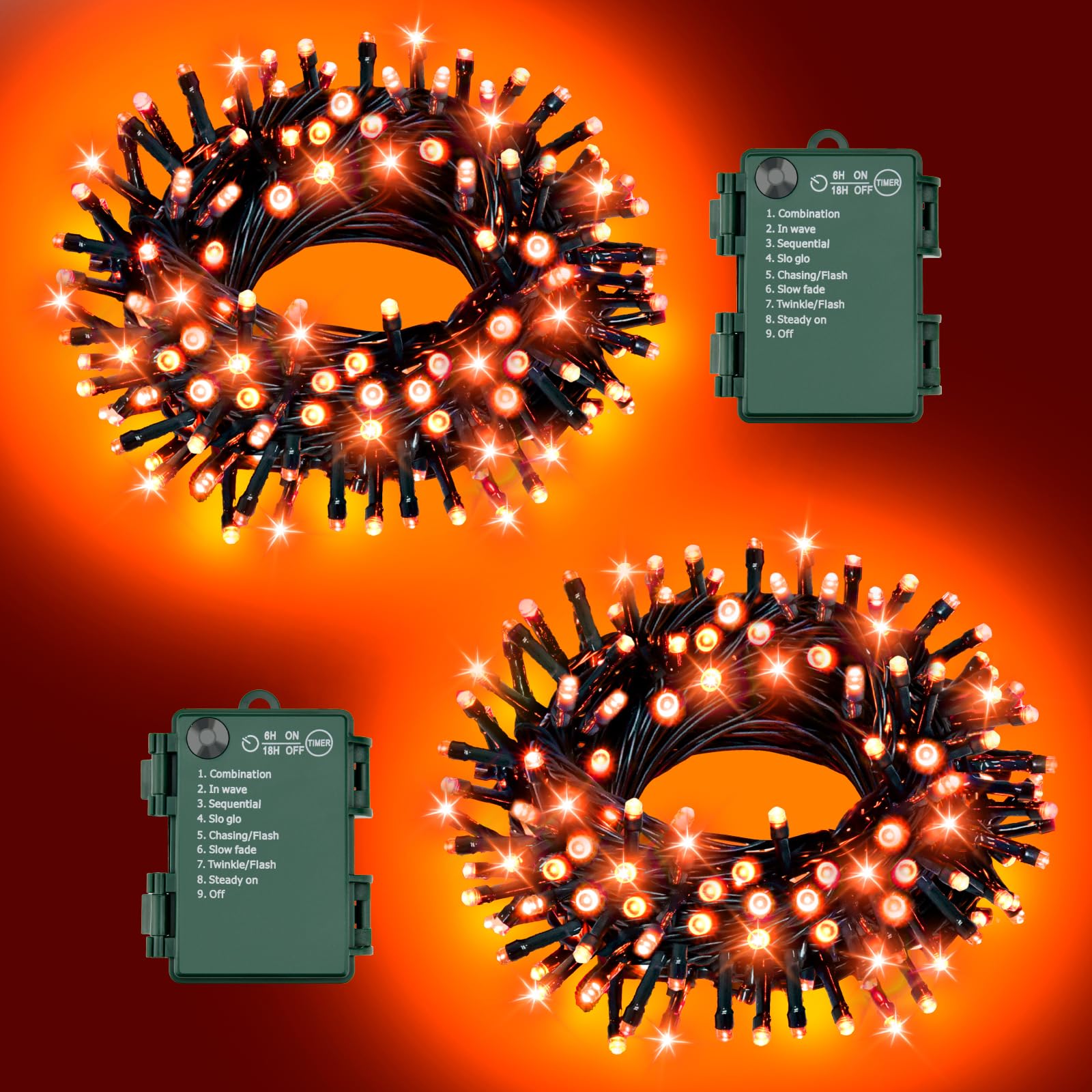 Photo 1 of ***MISSING PIECES*** FFZZKJ Orange Lights for Halloween Lights String Outdoor Total 100LED 33Ft 8 Modes with Timer Waterproof Battery Operated 16.4Ft*2, 50LED*2 Indoor for Halloween Decor, Orange, 2-Pack
