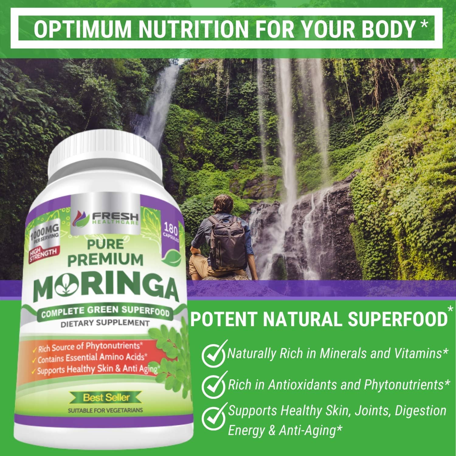 Moringa Oleifera 180 Capsules – 100% Pure Leaf Powder - Max 1000mg Per Serving - Complete Green Superfood Supplement - Full 3 Month Supply - Pure Miracle Tree Moringa Super Greens Powder Vegan Caps: Health & Personal Care