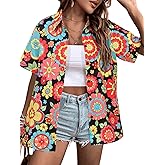 Vintage Hawaiian Shirt Woman 60s 70s Outfit Disco Hippie Party Shirts Floral Button Up Short Sleeve Tops